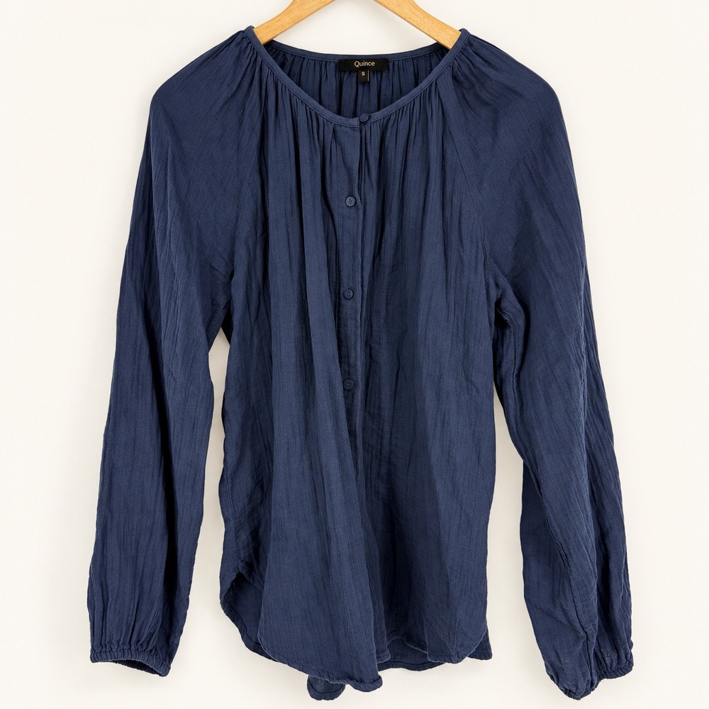 Quince Small 100% Organic Cotton Gauze Peasant Blouse Indigo Blue Boho Coastal